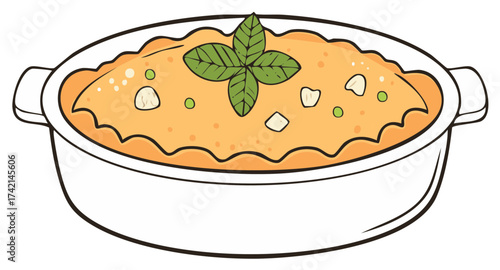 Illustration of a delicious shepherd's pie in baking dish garnished with basil leaves