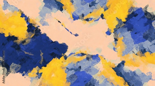 Abstract art with bold blue and yellow brushstrokes on canvas.