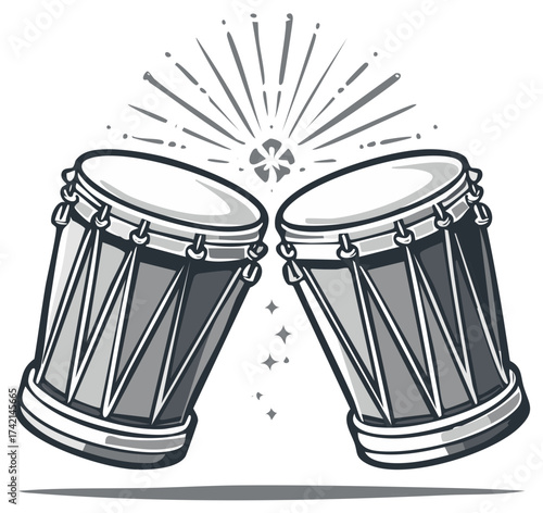 Two musical drums with radiating sound wave illustration depicting vibrant rhythm