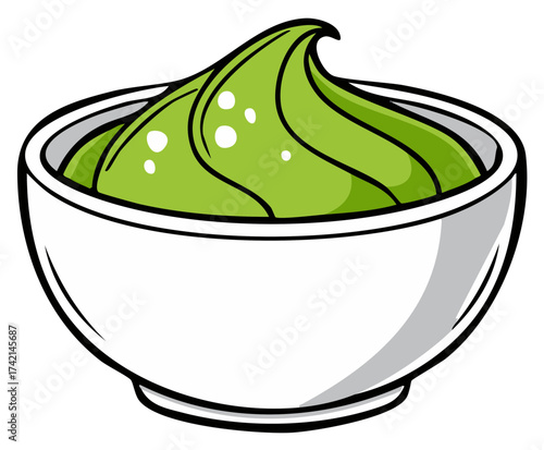 Delicious guacamole cartoon swirls in bowl with creamy texture and healthy green dip for appetizer or snack offering flavor