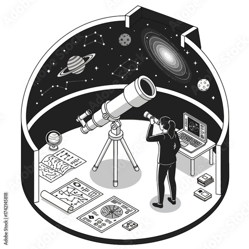 Isometric Astronomer Vector Illustration, Female Scientist Observing Cosmos with Telescope and Maps