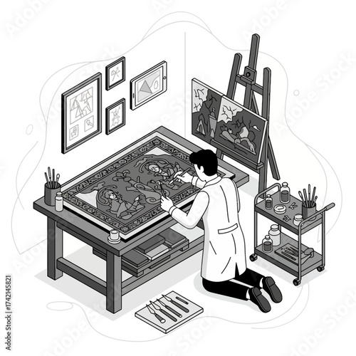 Isometric Art Restorer Vector Illustration, Conservator Working on a Large Painting Canvas