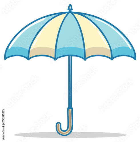 Charming blue and yellow striped open umbrella with a curved handle, cartoon illustration.