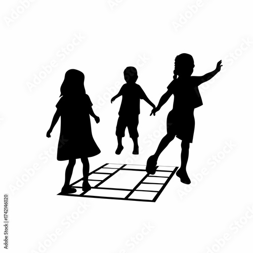 Silhouette of children playing hopscotch outdoors isolated on white background