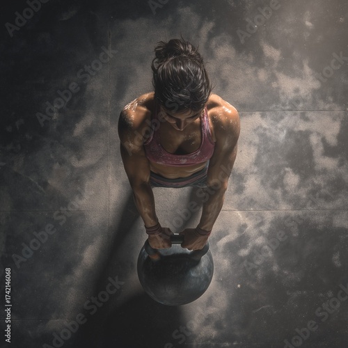 Top-down view of female CrossFit athlete performing kettlebell swings, gym floor textures visible, dynamic motion, realistic sweat and determination, cinematic lighting, square composition