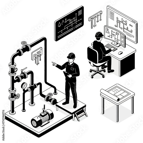 Hydraulic Engineer.ai: Fluid Mechanics Engineering and Piping System Design Vector