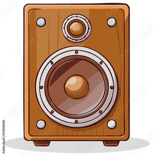 Vintage wooden audio speaker with woofer and tweeter, cartoon illustration