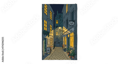 Narrow alley with café at night in cozy hand-drawn illustration