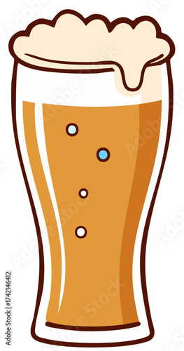 A cartoon illustration of a tall glass of golden beer with a frothy head and bubbles