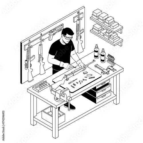 Isometric Gunsmith Vector: Professional Cleaning, Repairing, and Maintaining Firearms on a Workbench with Tools
