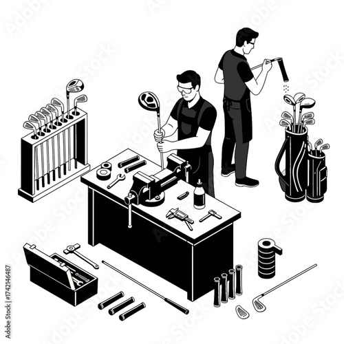 Isometric Golf Club Repairer Vector: Workers Regripping and Maintaining Golf Equipment and Tools in a Workshop