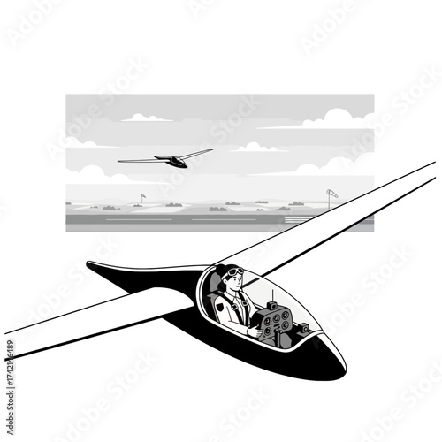 Glider Pilot Vector Illustration: Person Soaring in a Sailplane over an Airfield with Another Glider in the Sky