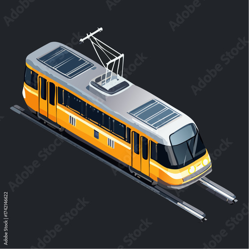 Modern yellow public transport electric tram with solar panels on roof, isometric view