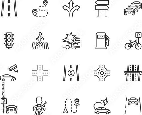 Vector set of road line icons. Contains icons crosswalk, traffic light, accident, intersection, roundabout, driver, highway, parking, traffic jam and more. Pixel perfect.