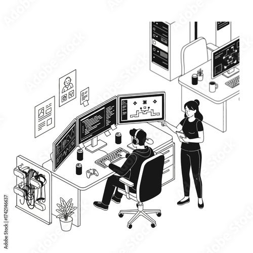 Isometric Game Programmer Vector: Developer Working on Code and Video Game Level Design on Multi-Monitor Setup