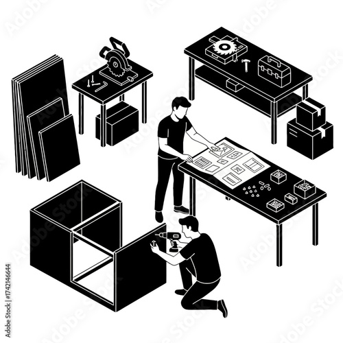 Isometric Furniture Assembler Vector: Workers Building Cabinets from Flat Pack Kits with Tools and Instructions