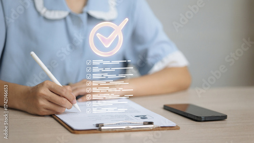 Digital Checklist Approval on Form with Stylus and Big Checkmark
