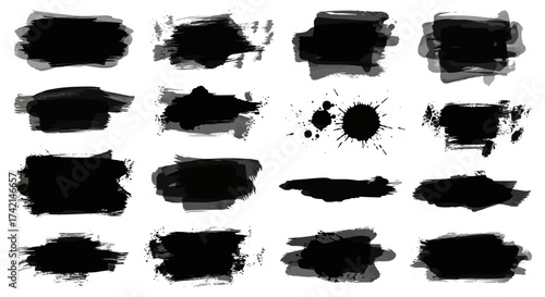 Collection of Various Black Ink Splatter and Brush Stroke Textures for Design Projects Backgrounds and Artistic Creation Elements