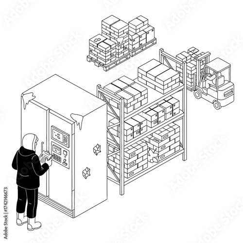 Isometric Freezer Operator Vector: Worker Managing Inventory and Refrigeration Unit in Cold Storage Warehouse