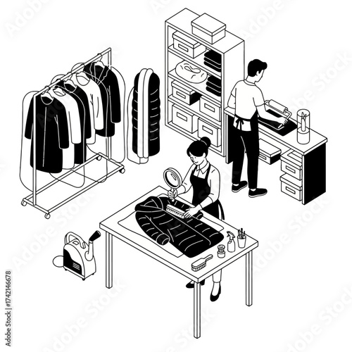 Isometric Fur Cleaner Vector Illustration: Dry Cleaning Staff Inspecting and Pressing Fur and Down Jackets in a Laundry