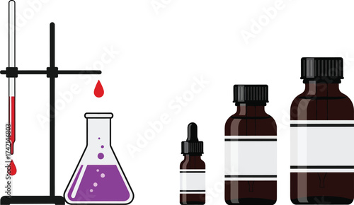 Illustration of titration setup and brown bottles with labels editable stock