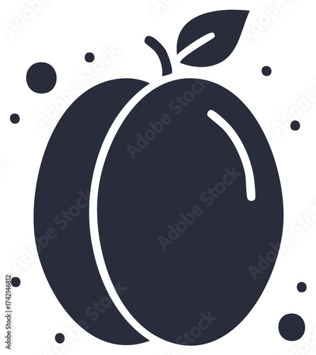 Minimalist dark plum fruit illustration with stem and leaf simple flat vector icon design element