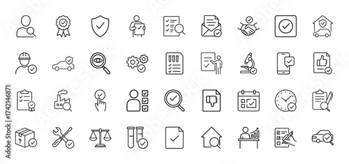 Quality assurance line icon set. Vector pictograms of verification, inspection, security shield, approved document, confirmed process, thin linear illustration.