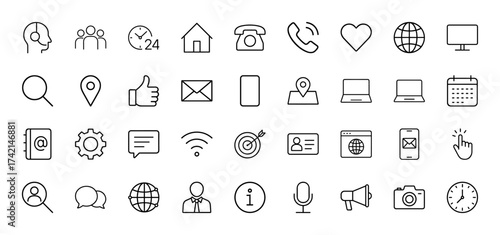 Communication and contact line icon set. Vector pictograms of headset, phone, chat, globe, monitor, laptop, calendar, mail, and user, thin linear illustration.