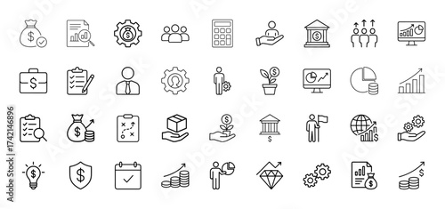 Business and finance line icon set. Vector pictograms of money bag, charts, gears, team, calculator, investment, banking, growth, strategy, and analytics, thin linear illustration.