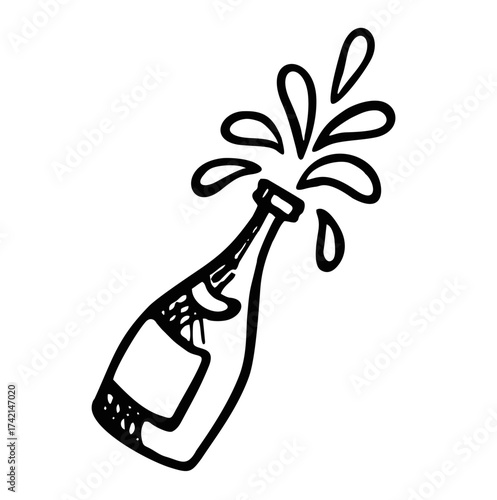 Sparkling wine, champagne bottle in black isolated on white background. Hand drawn sketch illustration in doodle vintage sketch style. Champagne doodle icon