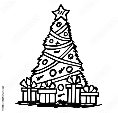 Christmas tree with presents. Seasonal theme concept sketch illustration isolated on white background. Merry Christmas, Happy New Year, greeting card, poster, for web, social media and print