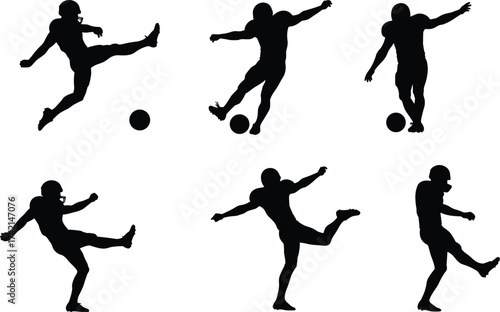 American football silhouettes, kicking action, player poses, helmet uniform, sports training, dynamic motion, ball contact, athletic movement, game technique, professional sport illustration