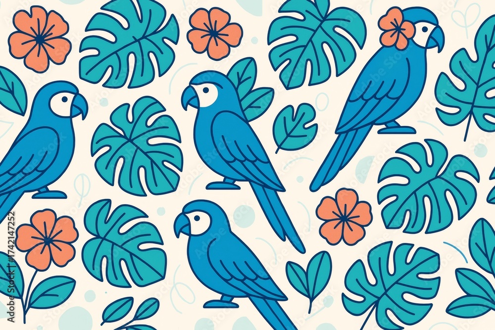 Obraz premium Seamless tropical background with blue parrots, orange hibiscus flowers, and green monstera leaves on light backdrop in abstract cartoon style. Ai generative
