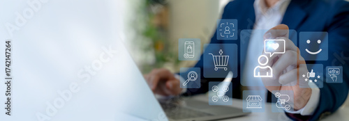 Customer experience and digital marketing concept. Interacting with a digital interface showing icons customer experience, online shopping, feedback, marketing strategies and personalized engagement.
