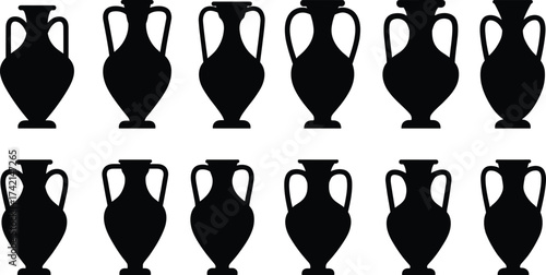 Ancient amphora vase silhouettes, Greek pottery vector, ceramic jar illustration for history, archaeology, art, and design projects