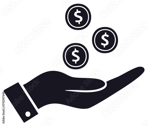 Hand Holding Money Flat Icon Three Coins Falling into Hand Banking Investment Earnings