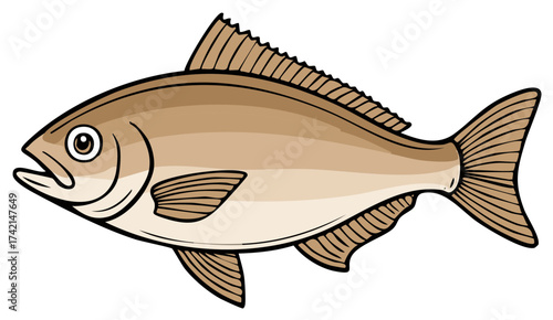 Cartoon illustration of a brown fish swimming, side view, with clean lines and simple coloring.