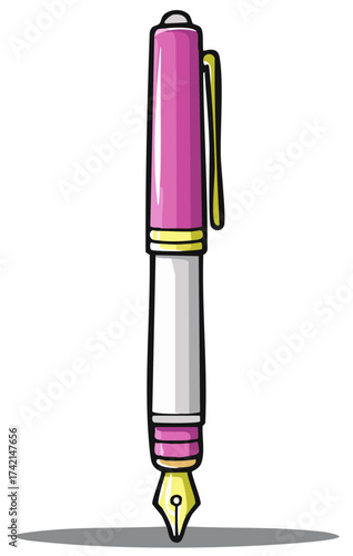 Cartoonish Fountain Pen with Pink Cap and Gold Nib Illustration