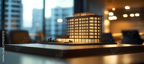 Architectural model of a modern building on a table with blurred background