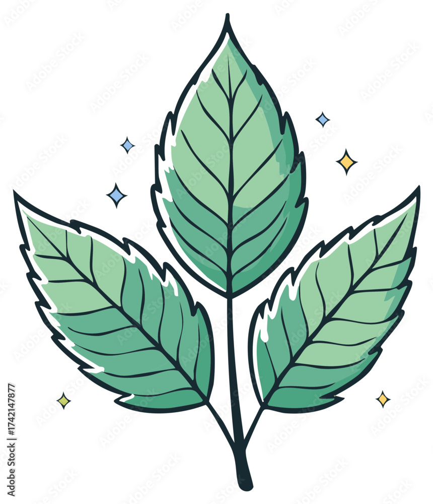 Fototapeta premium Illustration of three green leaves on a stem with sparkles floating around vector drawing style nature elements