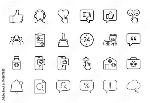 User interface and pet care icon set. Vector pictograms of feedback, support, notifications, veterinary, and social engagement, thin linear illustration.
