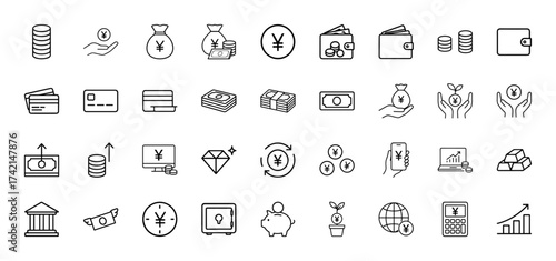 Finance line icon set. Vector pictograms of coins, banknotes, wallet, credit card, money bag, transfer, investment, and banking, thin linear illustration.