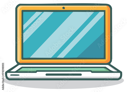 Stylized cartoon laptop computer with orange bezel and blue screen.