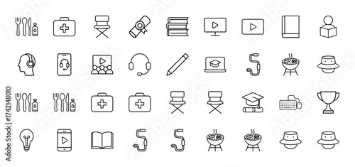Diverse utility line icon set. Vector pictograms of cutlery, medical kit, diploma, books, monitor, headphones, pencil, laptop, grill, hat, and trophy, thin linear illustration.