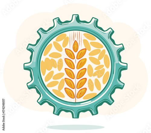 Illustration of wheat grains and plant within a cog wheel, a conceptual representation of agricultural production and industry