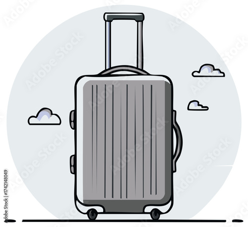 Minimalist vector illustration of a gray rolling suitcase for travel, tourism, and vacation concepts