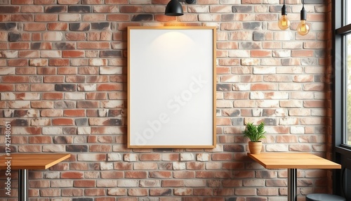 Blank Poster Frame on Brick Wall in Cafe Mockup for Artwork Display.