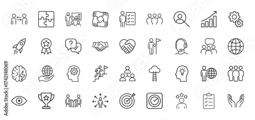 Business management line icon set. Vector pictograms of people, puzzle, chart, hands, checklist, rocket, brain, globe, target, and trophy, thin linear illustration.