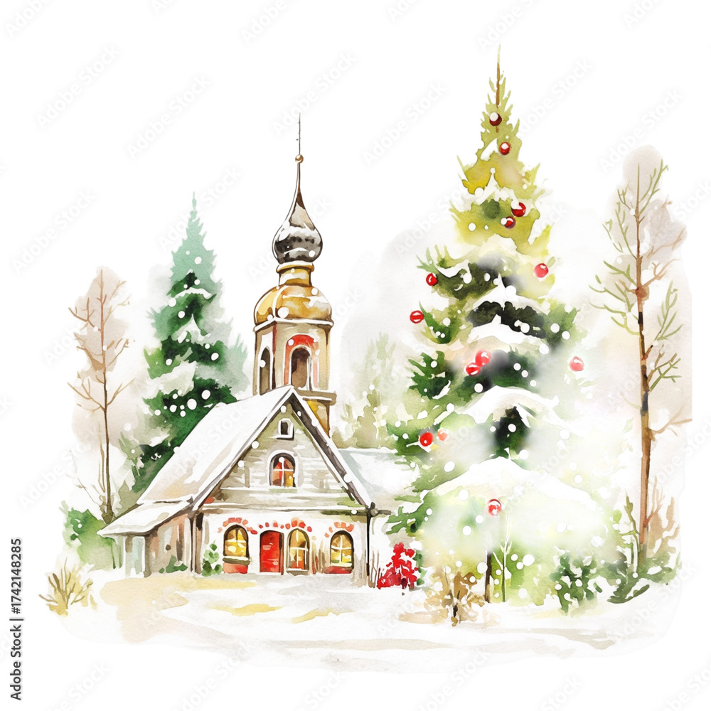 Fototapeta premium Christmas church in winter transparent png 