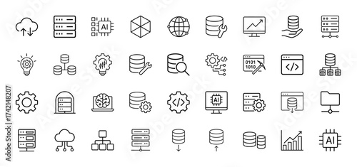 Information technology line icon set. Vector pictograms of cloud storage, server racks, AI processors, databases, global networks, data charts, and development tools, thin linear illustration.